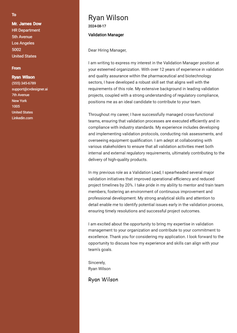 Validation Manager Cover Letter Examples and Templates for 2025