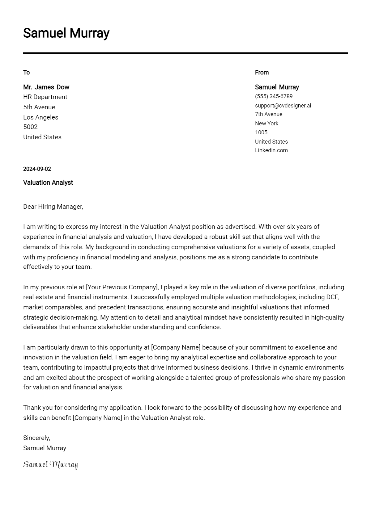 valuation analyst cover letter example