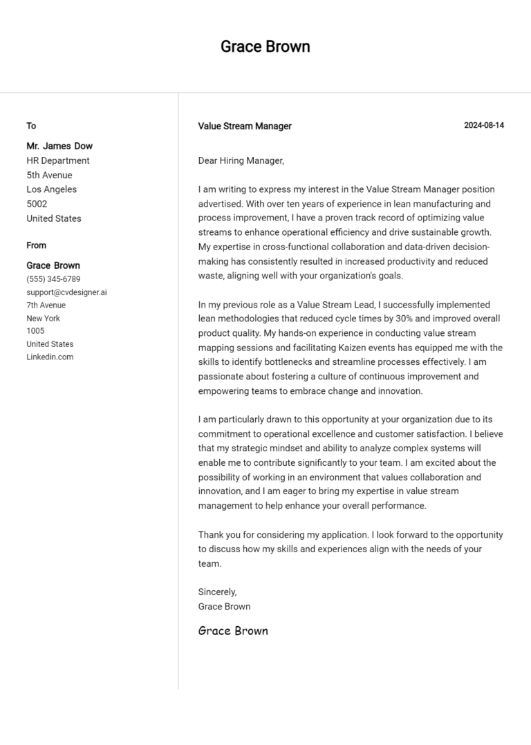 Value Stream Manager Cover Letter Examples for 2025 (Downloadable)