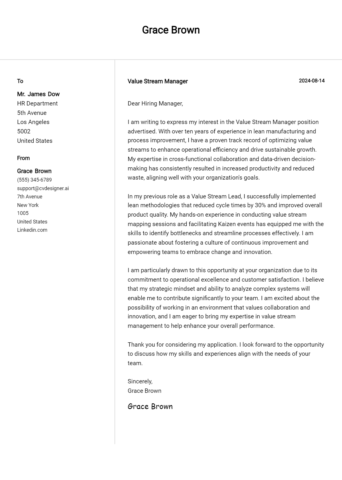 value stream manager cover letter example