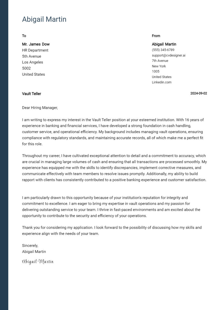 Vault Teller Cover Letter Example for 2025: Free Templates