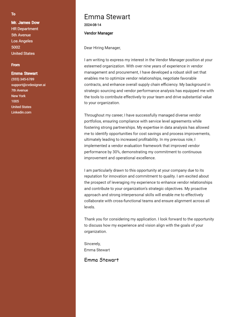 Vendor Manager Cover Letter Examples for 2025 (Downloadable)