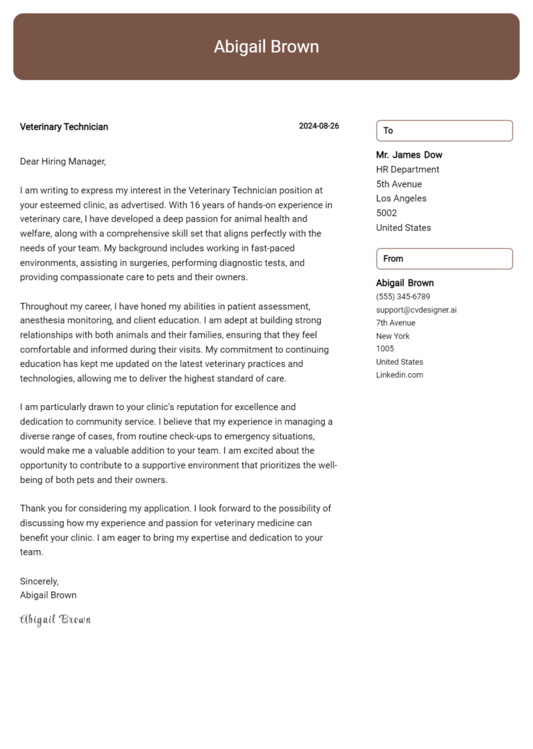 Veterinarian Cover Letter Examples For Complete Writing Guide Cvdesigner Ai