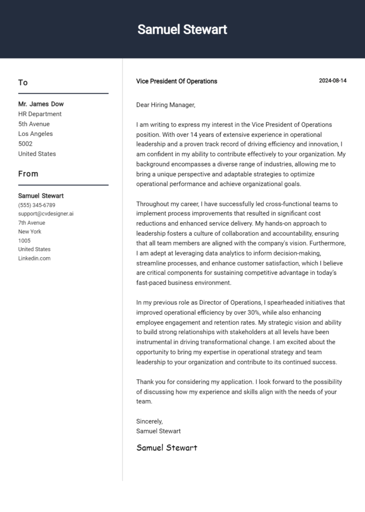 vice president of operations cover letter example