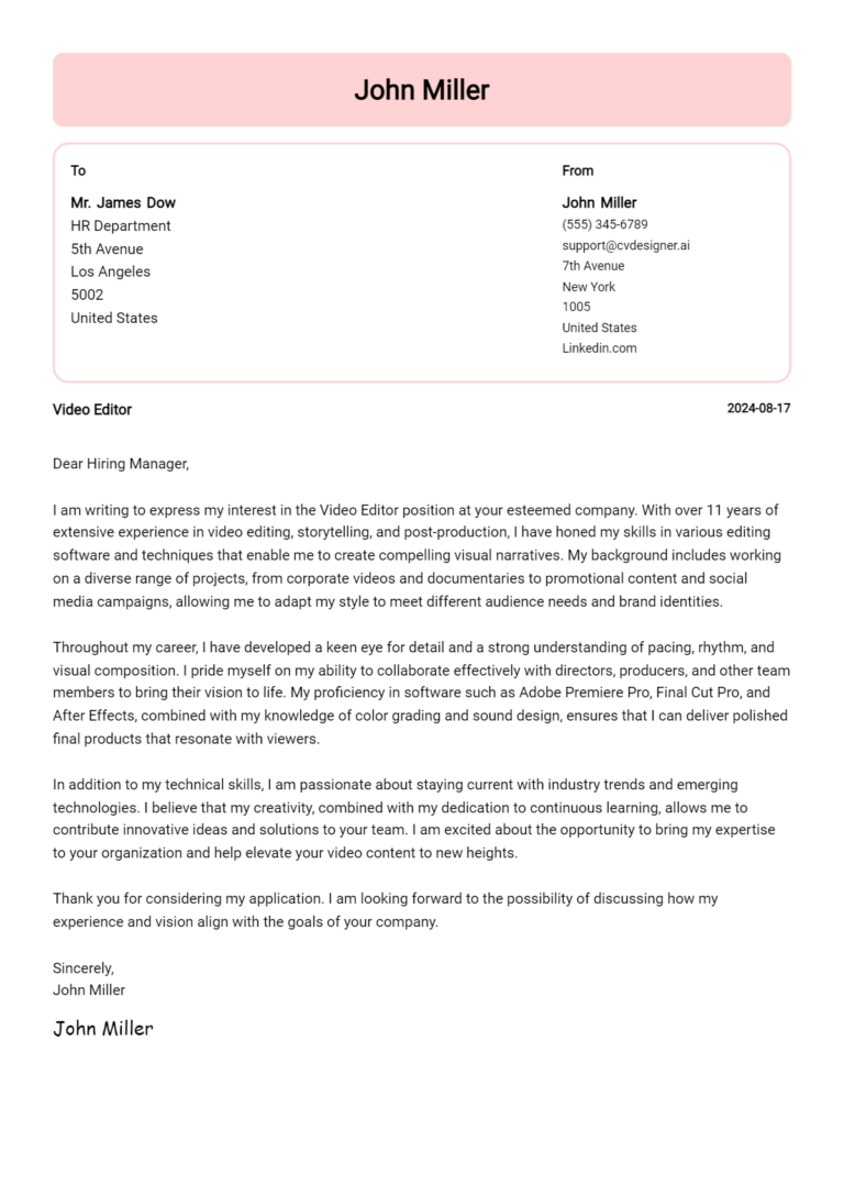 Video Editor Cover Letter Examples and Templates for 2025