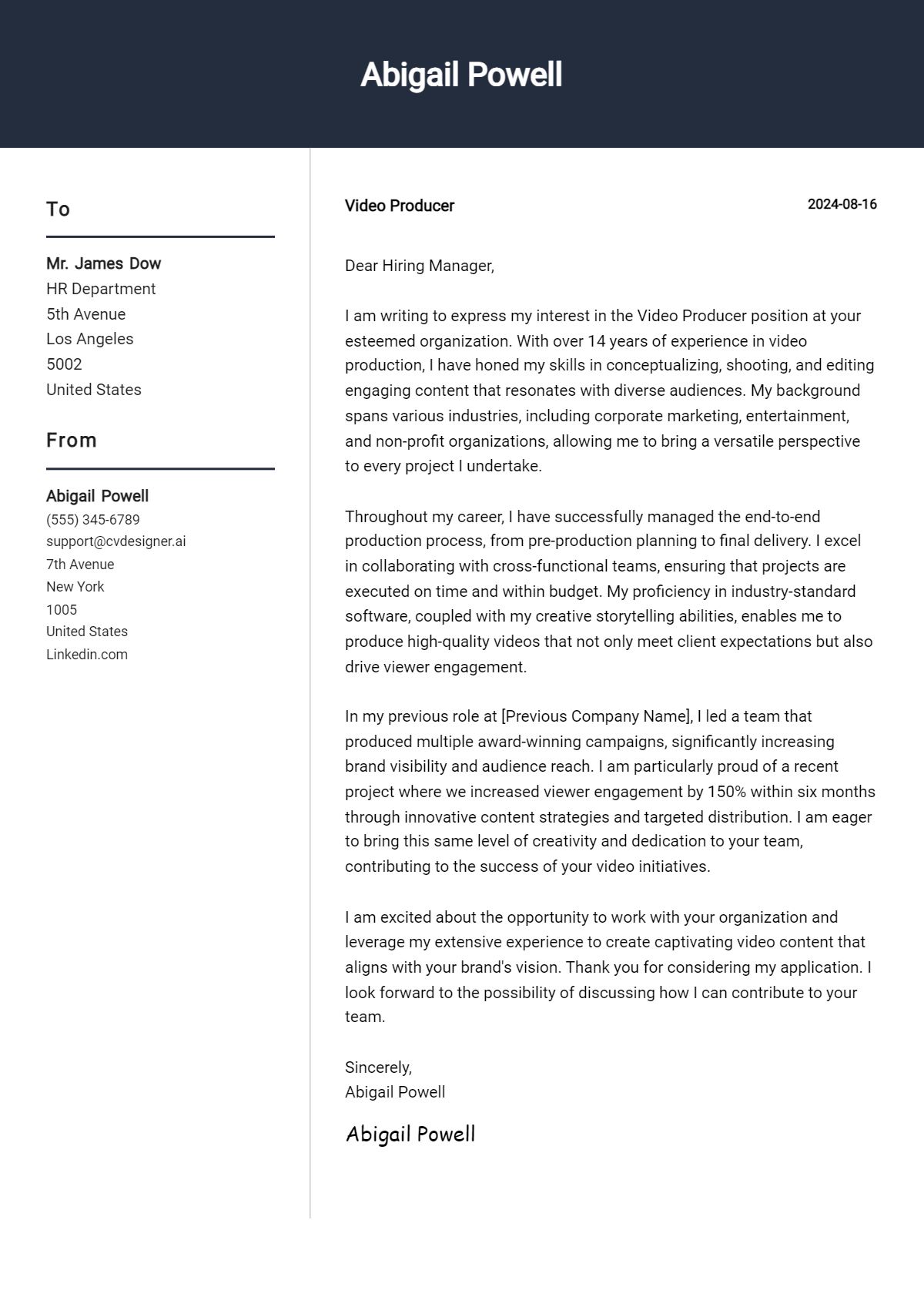 video producer cover letter example