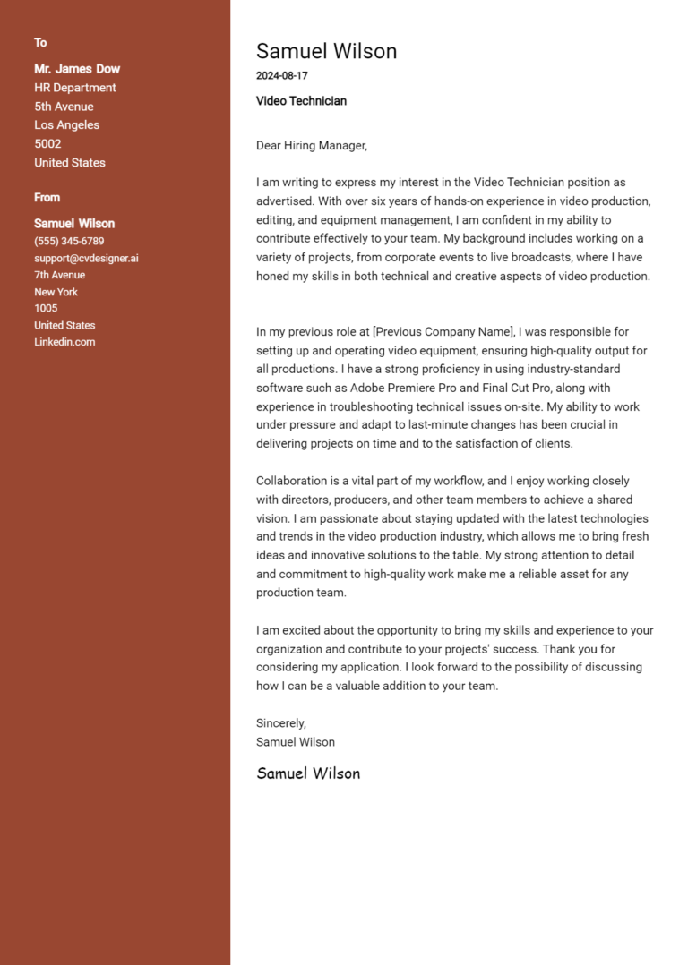 Video Technician Cover Letter Example for 2025: Expert Tips & Templates