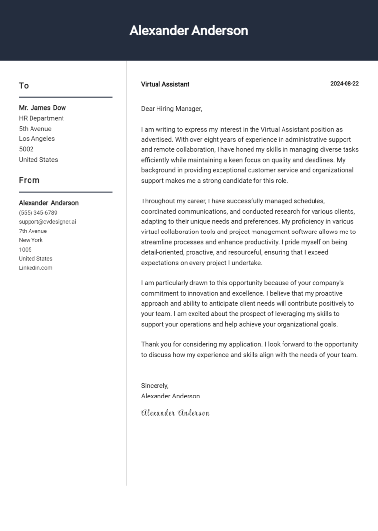 Virtual Assistant Cover Letter Example for 2025: Tips & Templates