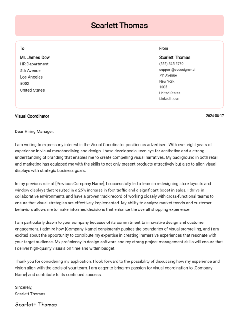Visual Coordinator Cover Letter Example for 2025: Proven Tips