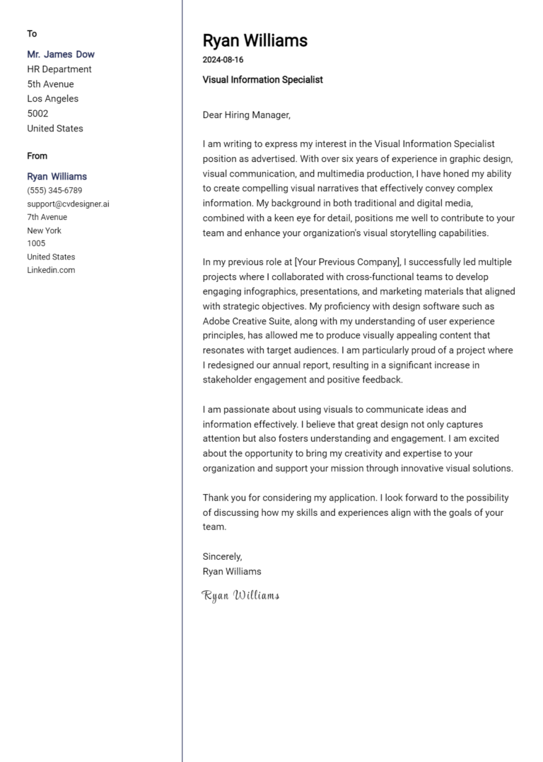 Visual Information Specialist Cover Letter Examples and Templates for 2025