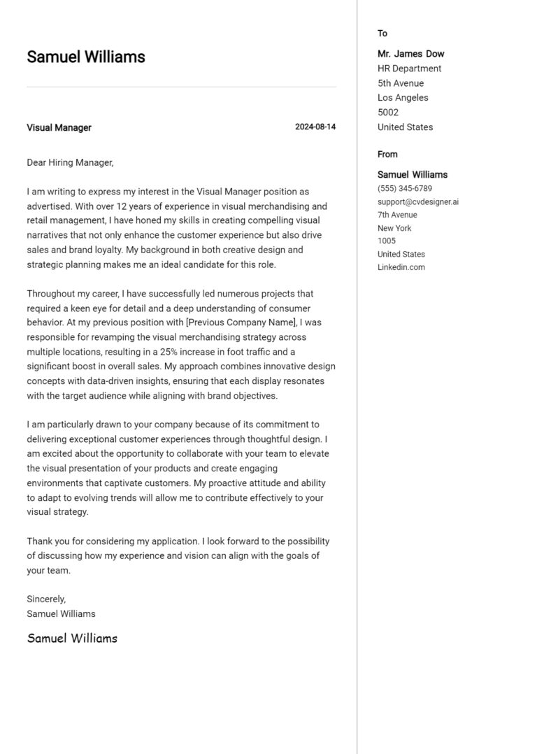 Visual Manager Cover Letter Example for 2025: Tips & Templates 1 Visual Manager Cover Letter Example for 2025: Tips & Templates
