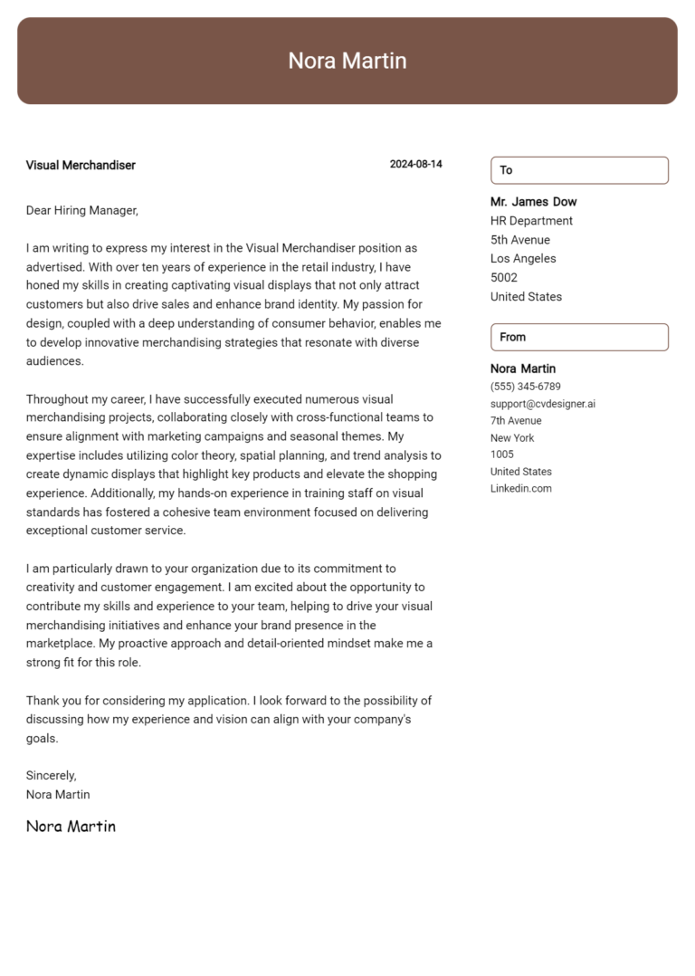 Visual Merchandiser Cover Letter Example for 2025: Top CV Skills