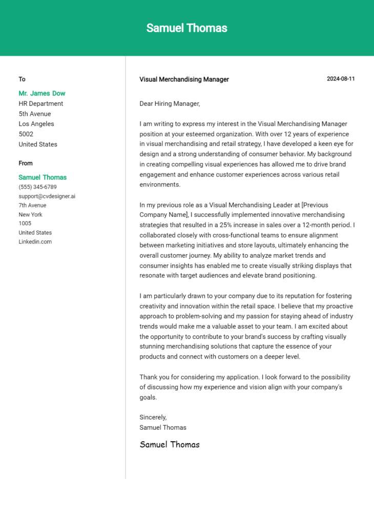 Visual Merchandising Manager Cover Letter Example for 2024 (Writing ...