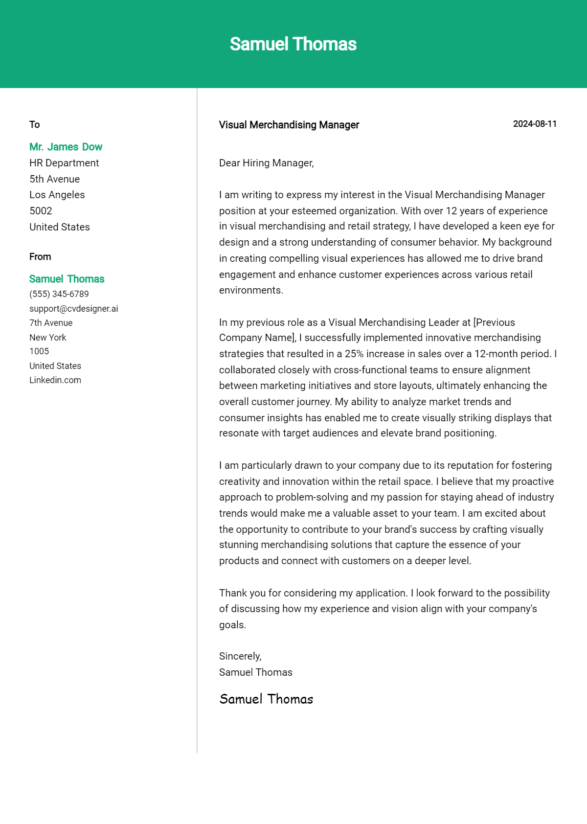 visual merchandising manager cover letter example