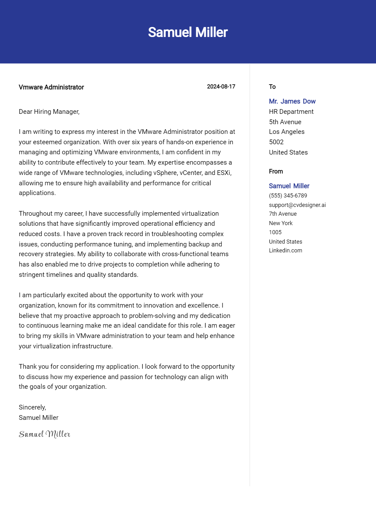 vmware administrator cover letter example