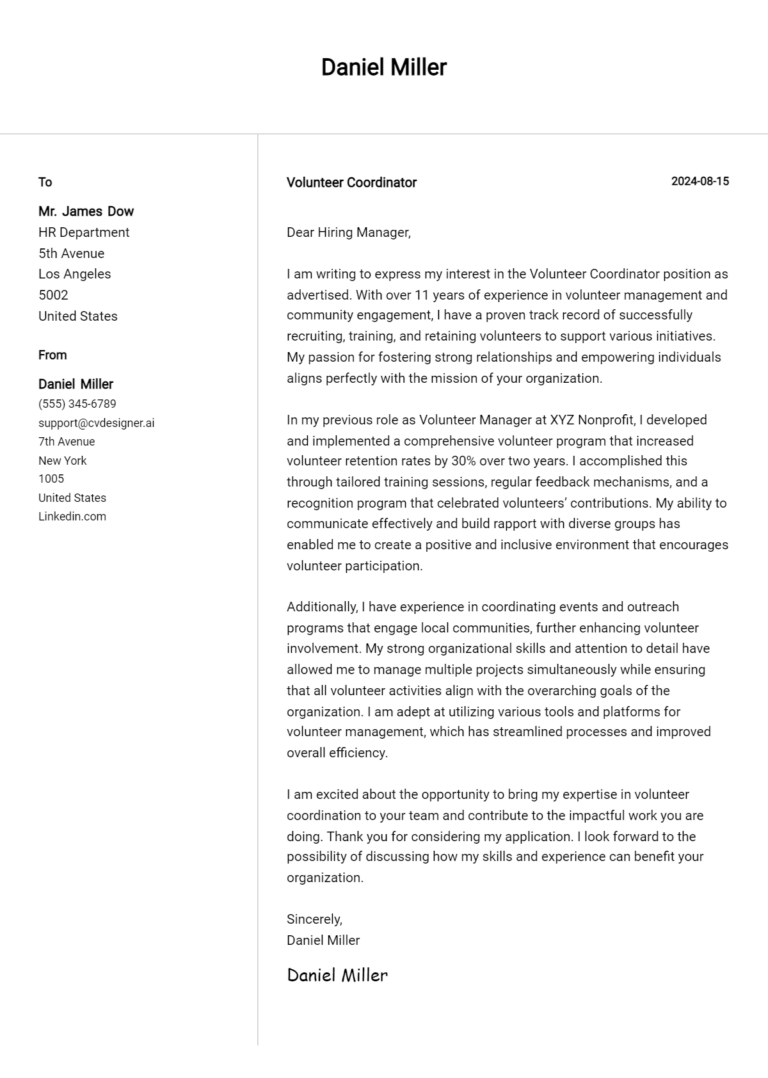 Volunteer Coordinator Cover Letter Example for 2025: Free Templates