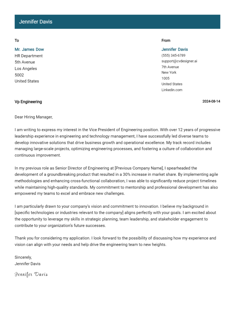 VP Engineering Cover Letter Example for 2025: Ultimate Guide 1 VP Engineering Cover Letter Example for 2025: Ultimate Guide