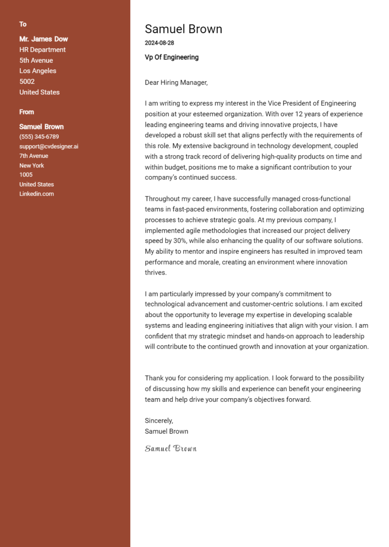 VP Of Engineering Cover Letter Examples with Writing Tips for 2025
