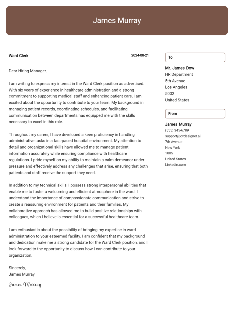 Ward Clerk Cover Letter Example for 2025: Ultimate Guide