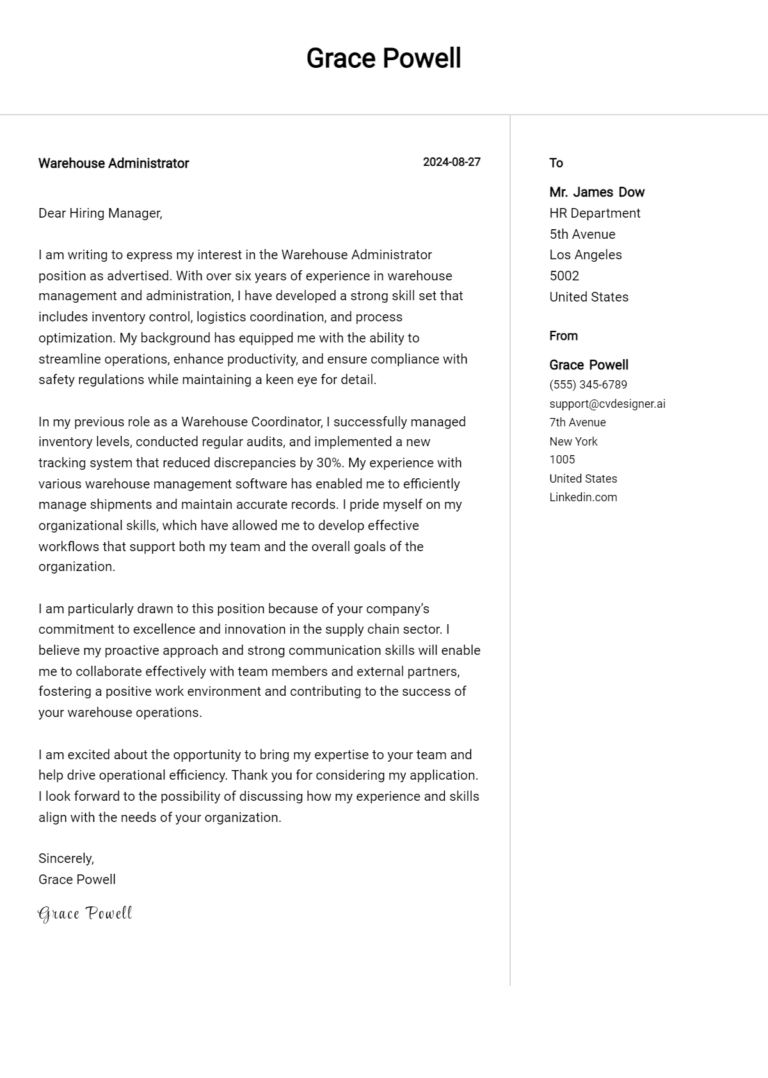 Warehouse Administrator Cover Letter Example for 2025: Expert Tips & Templates