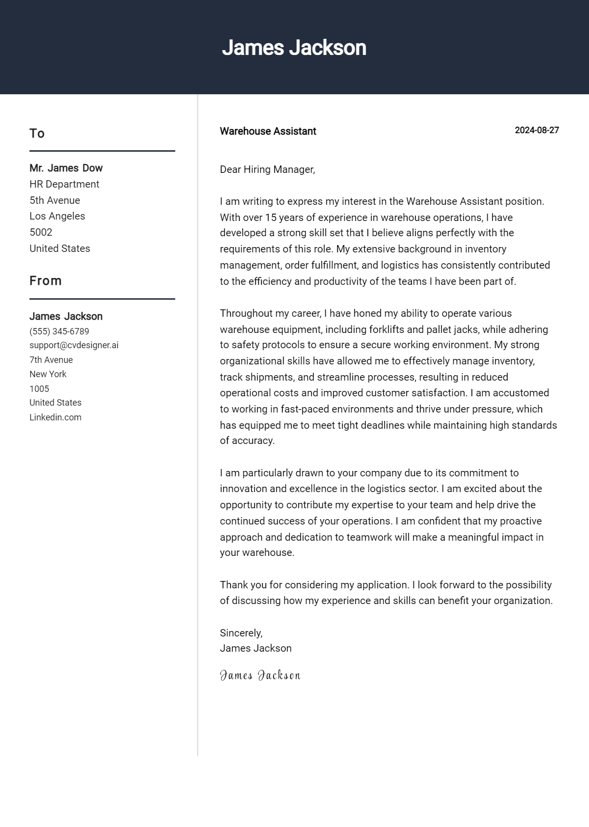 warehouse assistant cover letter example