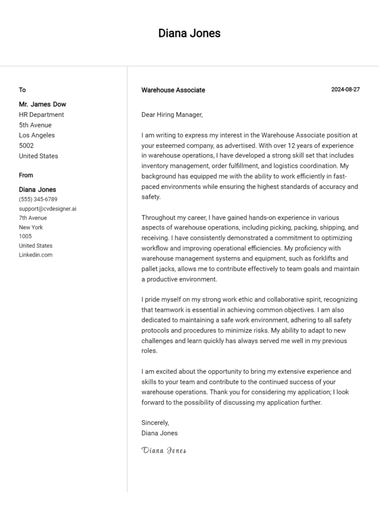 Warehouse Associate Cover Letter Samples & Examples 2025