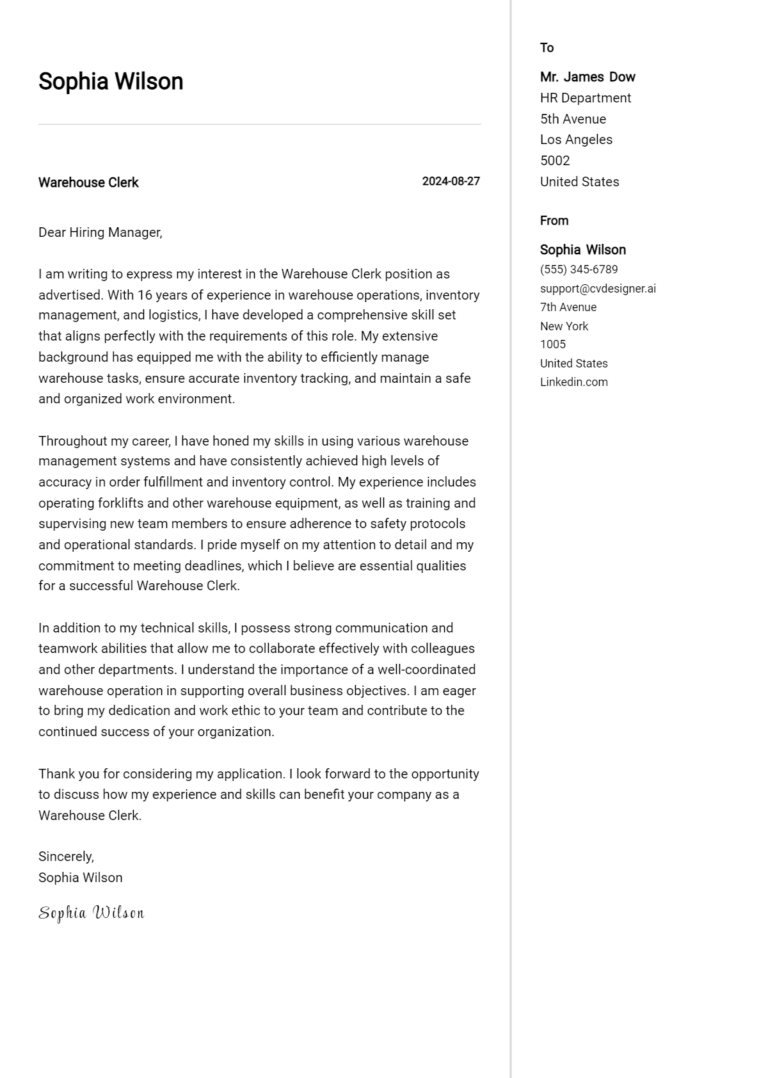Warehouse Clerk Cover Letter Examples for 2025 (Downloadable)
