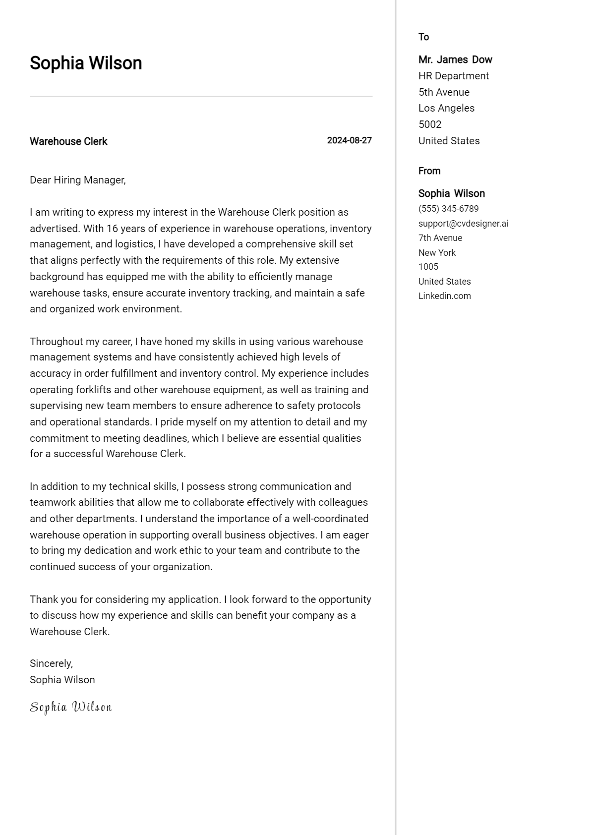 warehouse clerk cover letter example