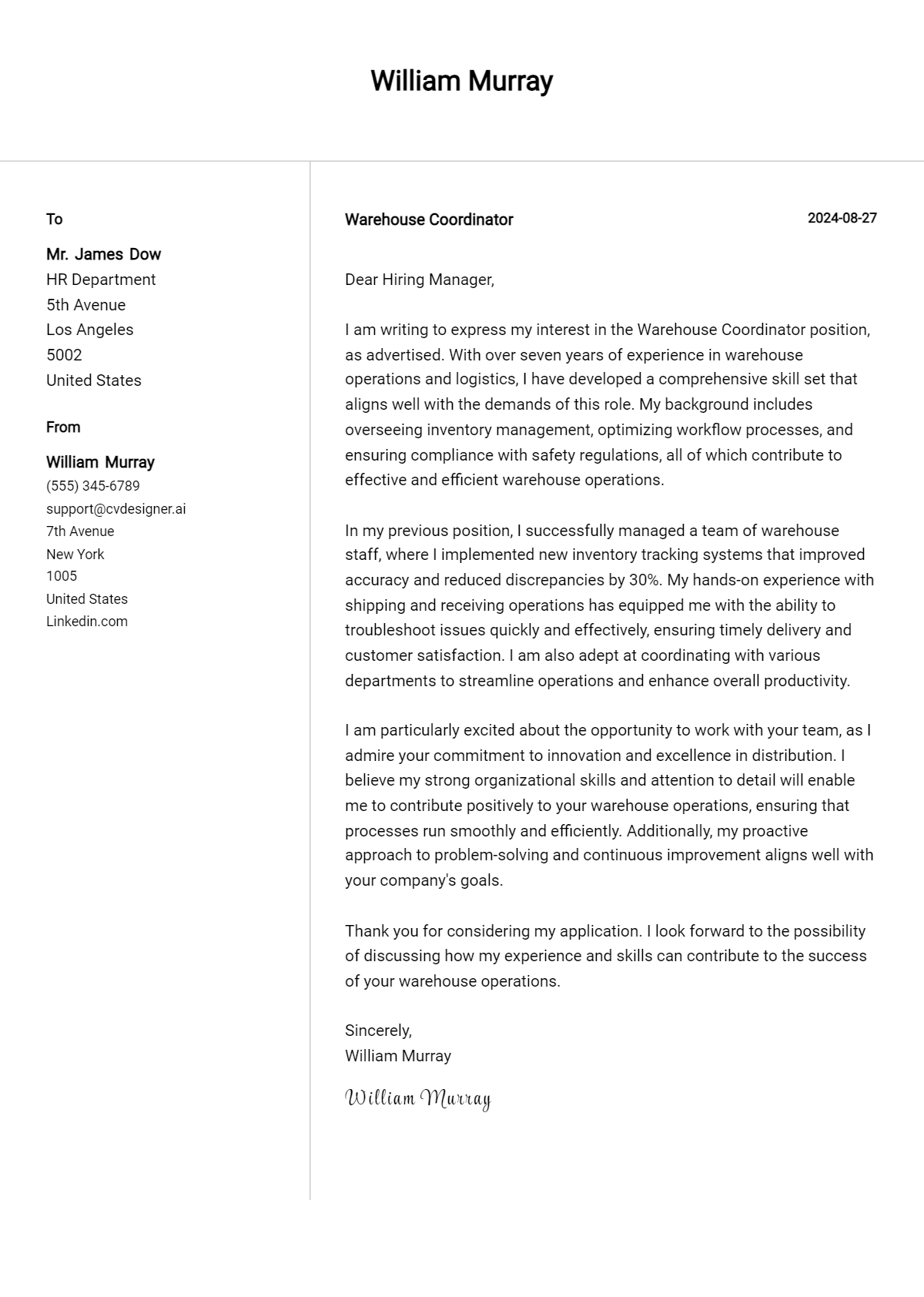 warehouse coordinator cover letter example