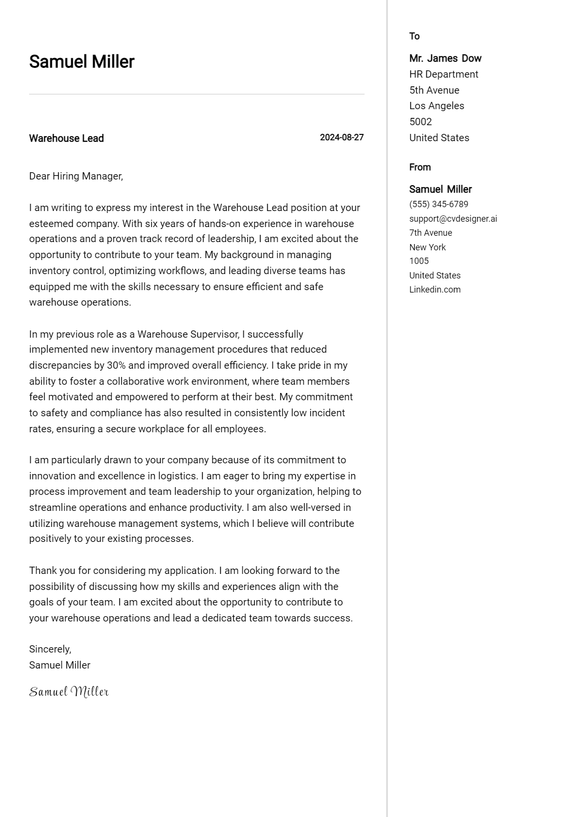 warehouse lead cover letter example