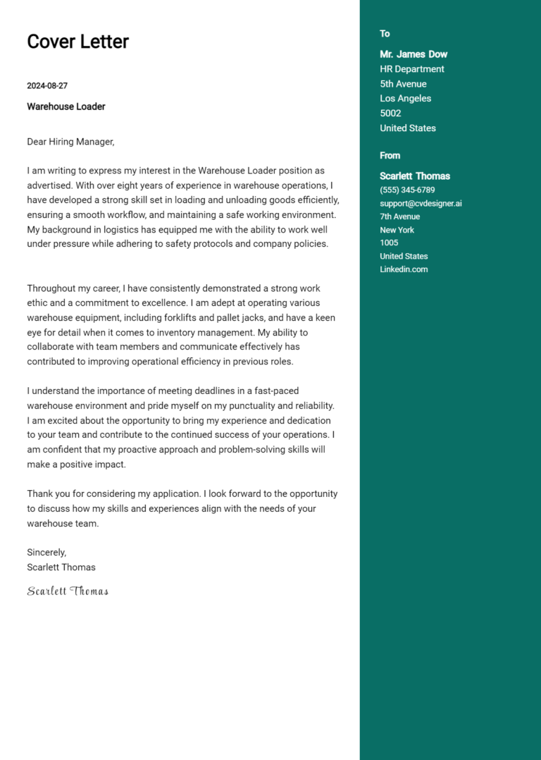 Warehouse Loader Cover Letter Example for 2025 (Download Templates)