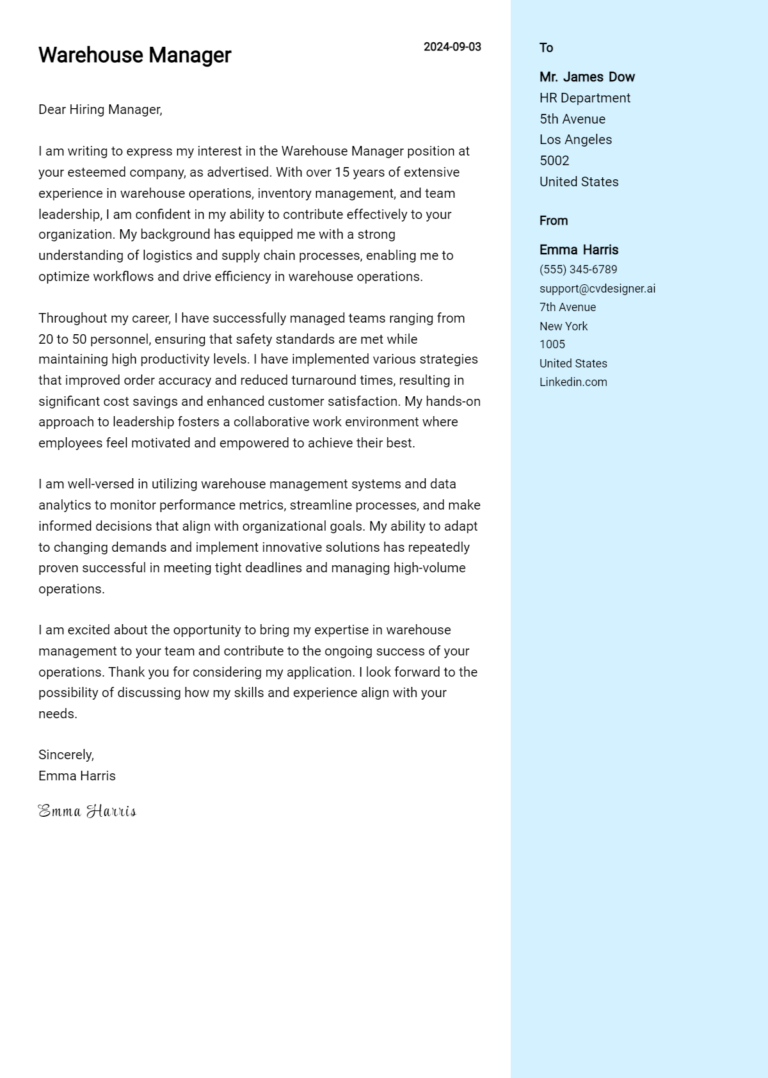 Warehouse Manager Cover Letter Examples and Templates for 2025