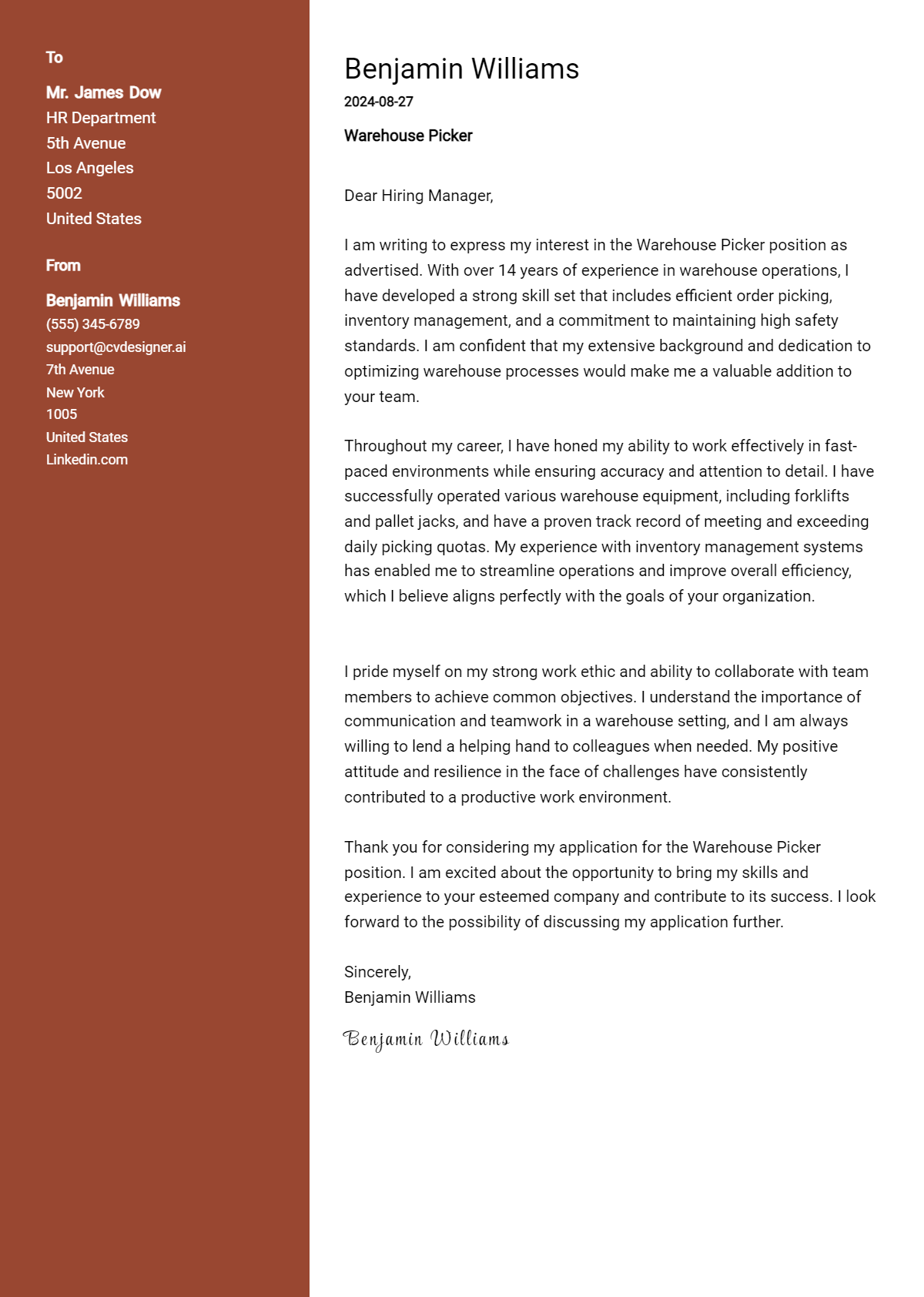 warehouse picker cover letter example