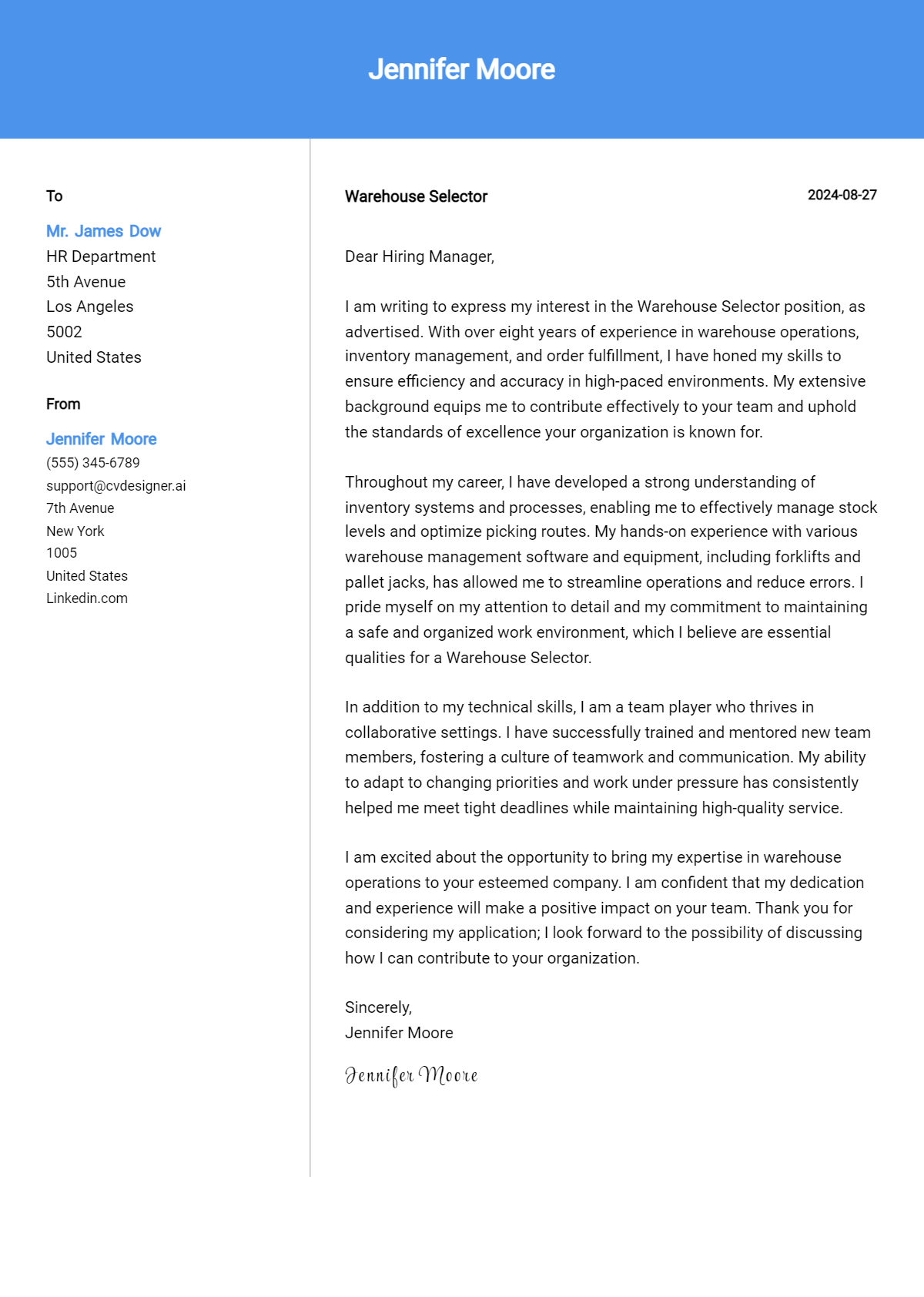 warehouse selector cover letter example