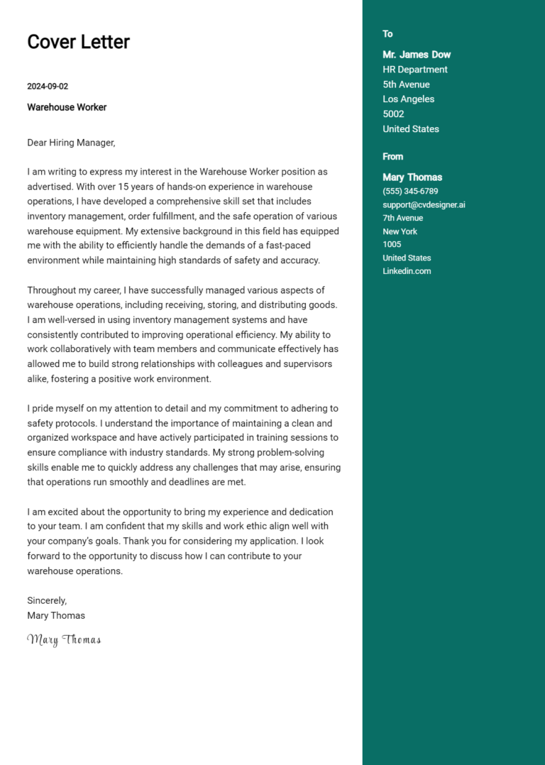 Warehouse Worker Cover Letter Examples for 2025 (Downloadable)
