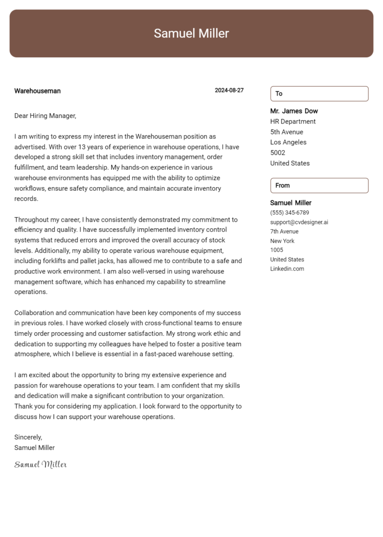 Warehouseman Cover Letter Example for 2025: Expert Tips & Templates