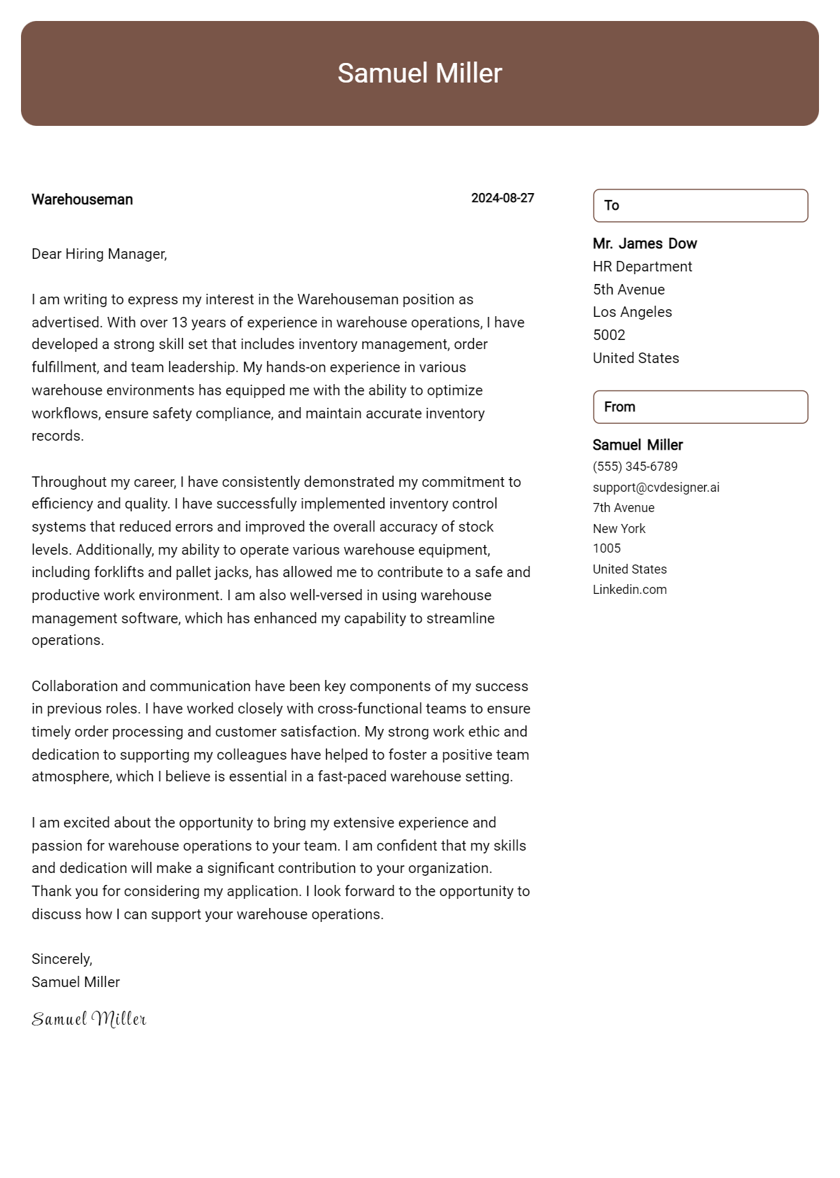 warehouseman cover letter example