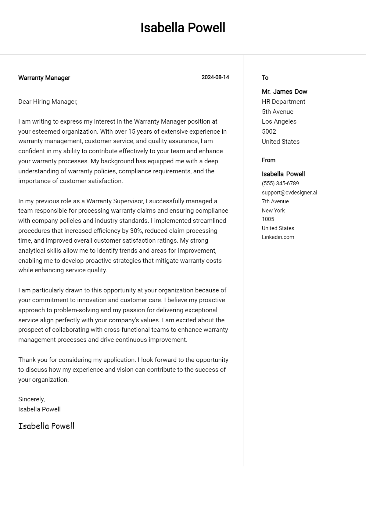 warranty manager cover letter example