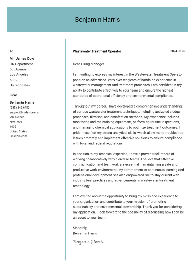 Wastewater Treatment Operator Cover Letter Example for 2025: Expert Tips & Templates