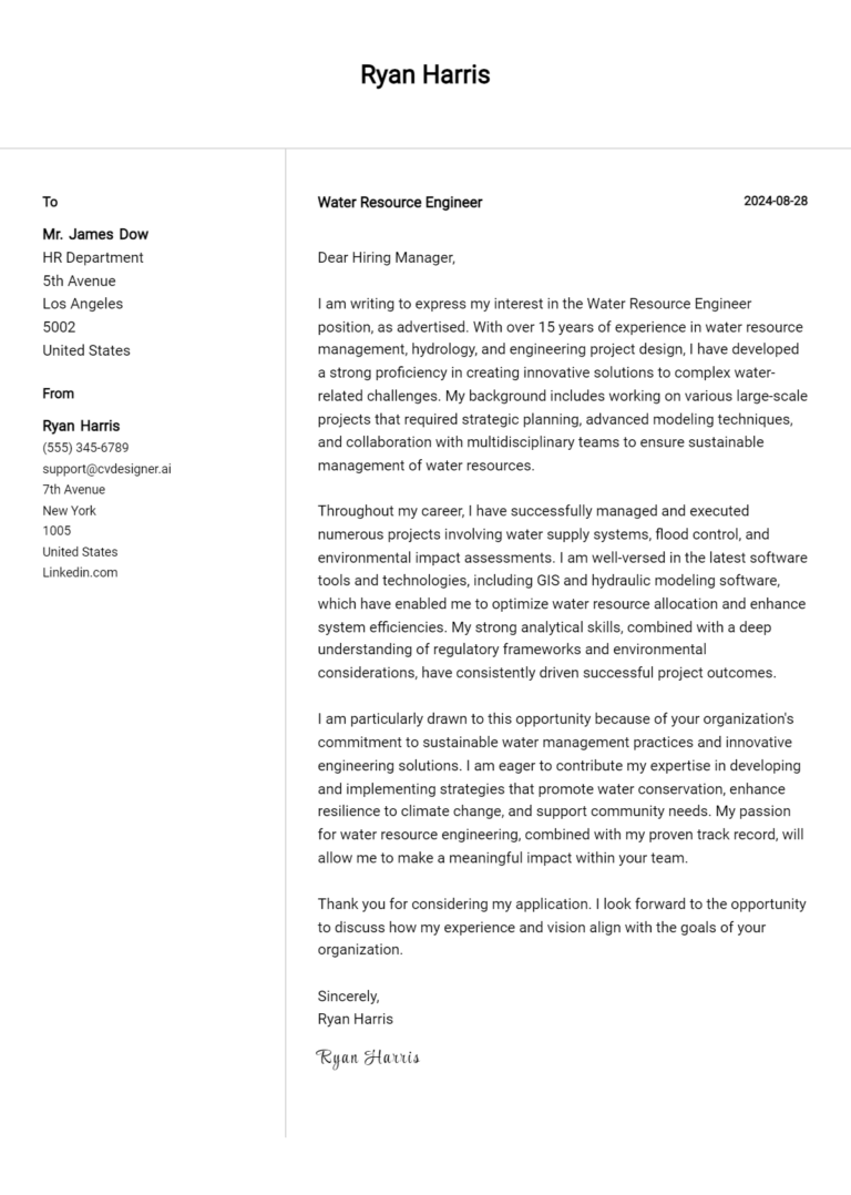 Water Resource Engineer Cover Letter Examples for 2025 (Downloadable)
