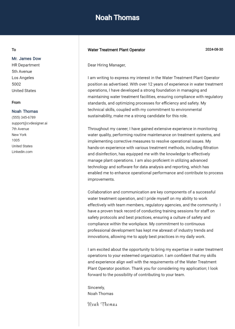 Water Treatment Plant Operator Cover Letter Example for 2025 (Free Templates)