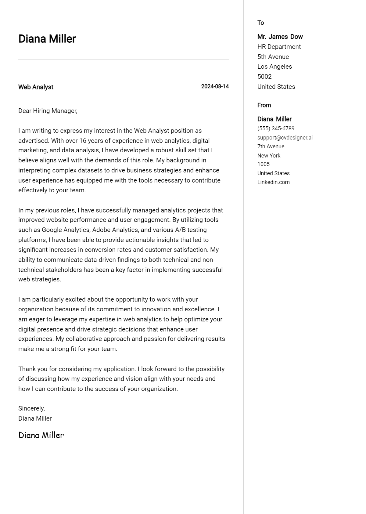 web analyst cover letter example