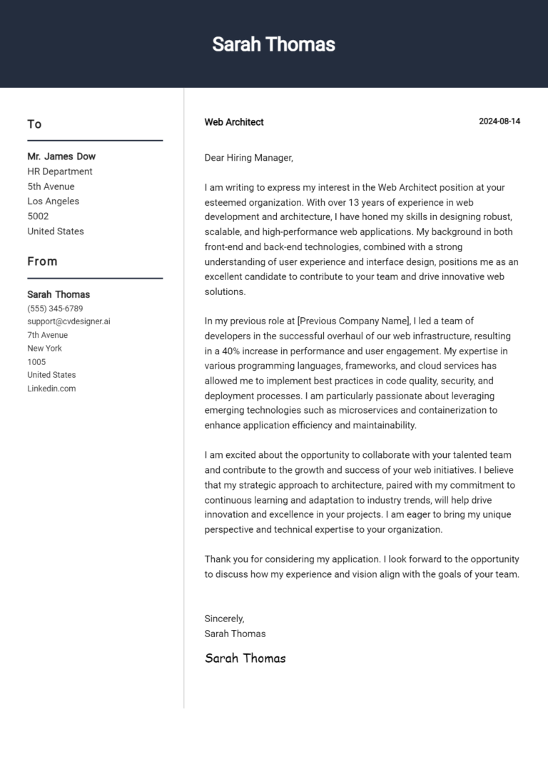 Web Architect Cover Letter Example for 2025: Free Templates