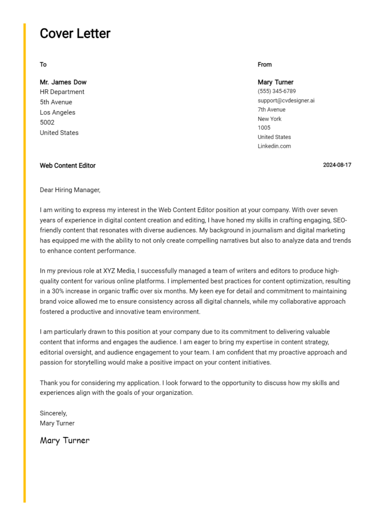 Web Content Editor Cover Letter Example for 2025 (Free Templates)