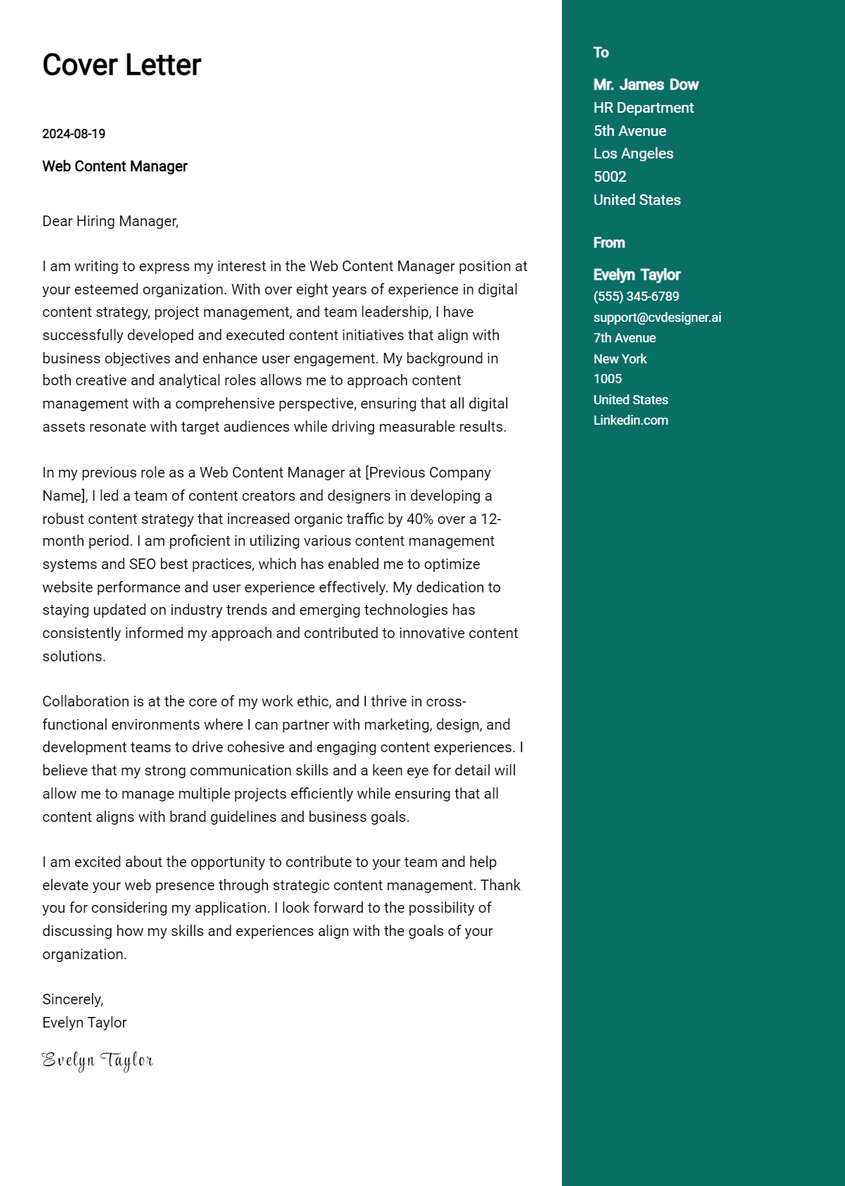 web content manager cover letter example