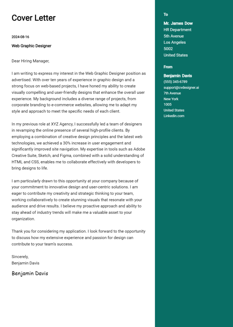 Web Graphic Designer Cover Letter Examples with Writing Tips for 2025