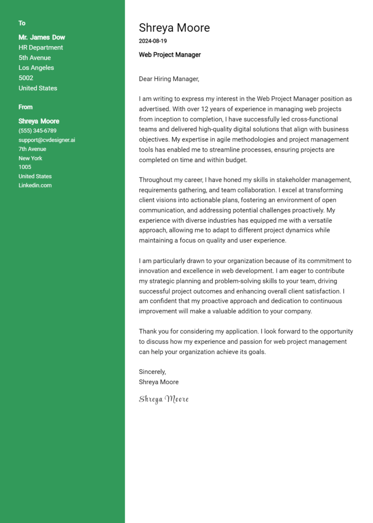 Web Project Manager Cover Letter Example for 2025: Free Templates
