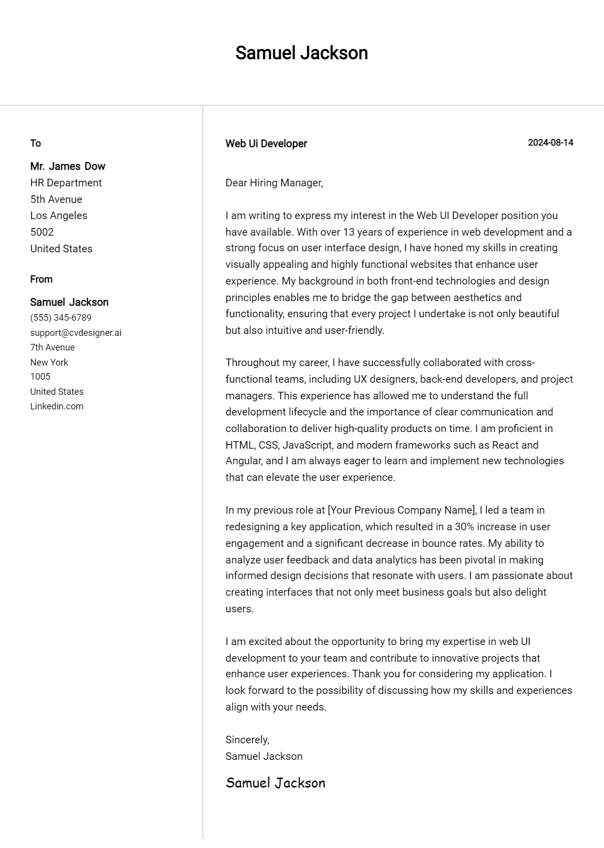 web ui developer cover letter example