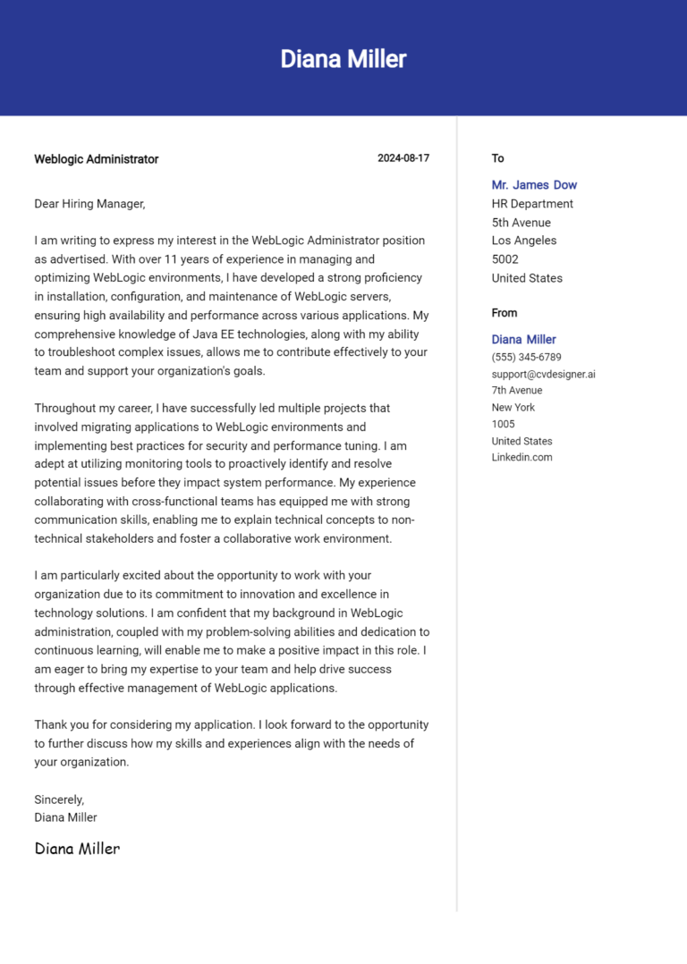 WebLogic Administrator Cover Letter Example for 2025 (Complete Writing Guide)