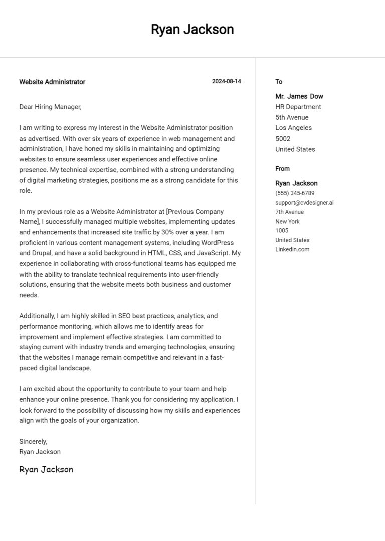 Website Administrator Cover Letter Examples & Samples for 2025